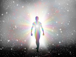 Man in rainbow light and stars